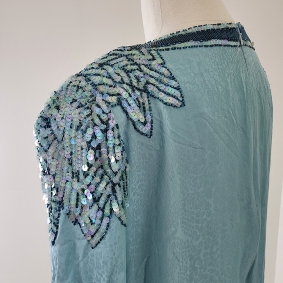 *Free With Purchase* 80’s D'ore shift dress midi turquoise beaded sequins - Picture 9 of 12
